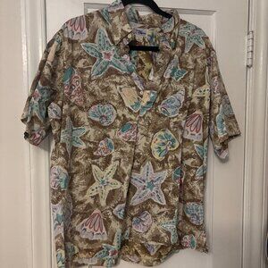 Vintage Reyn Spooner Hawaiian tan starfish seashell print shirt L